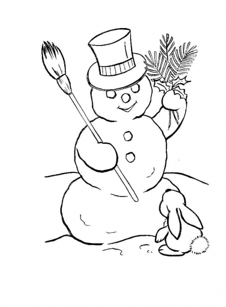 Snowman in hat with rabbit coloring page image