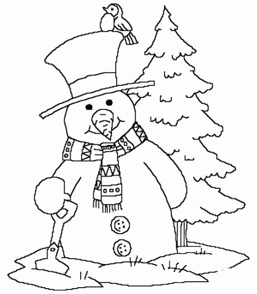 Snowman near Christmas Tree coloring page image