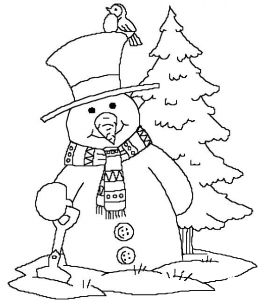 Snowman Near Christmas Tree coloring page image