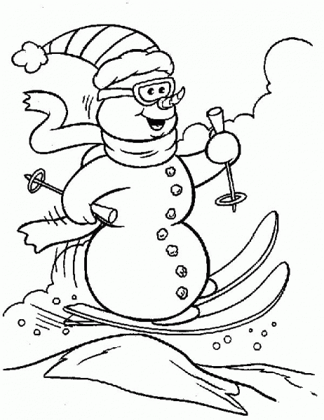Snowman on skis coloring page image