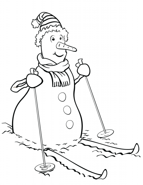 Snowman on Skis coloring page image