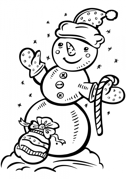 Snowman with Candy Cane and Gift Bag coloring page image