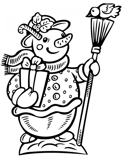 Snowman with Gift Box and Broom coloring page image