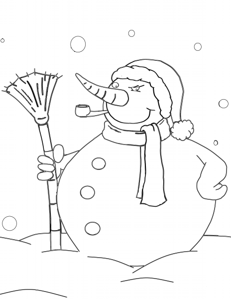 Snowman with Pipe and Broom coloring page image