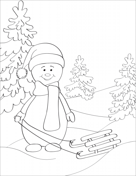 Snowman with Sled coloring page image