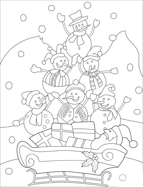 Snowmen with Santa on a Sled coloring page image