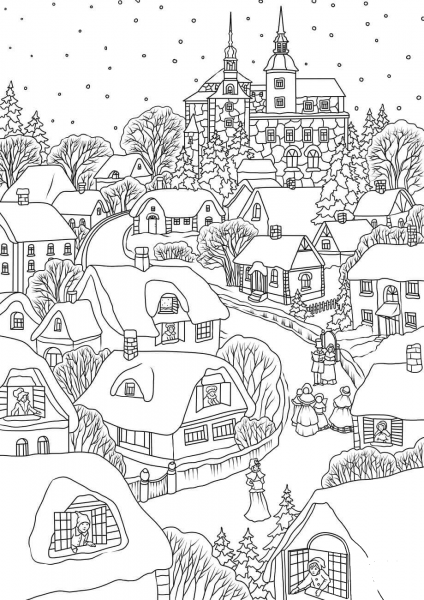 Snowy Village on Christmas Eve coloring page image