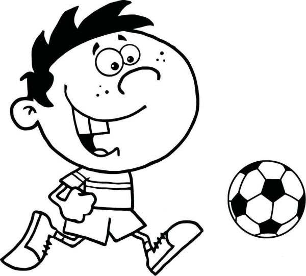 Soccer Boy with Ball coloring page image