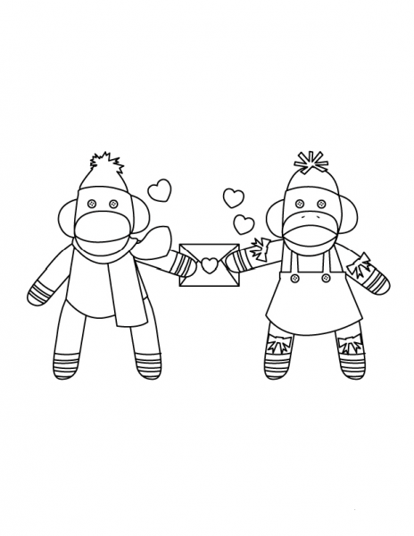Sock Monkeys in Love coloring page image