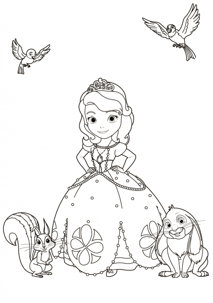 Sofia with Animals coloring page image
