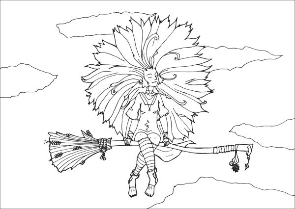 Solar Witch on Broom coloring page image