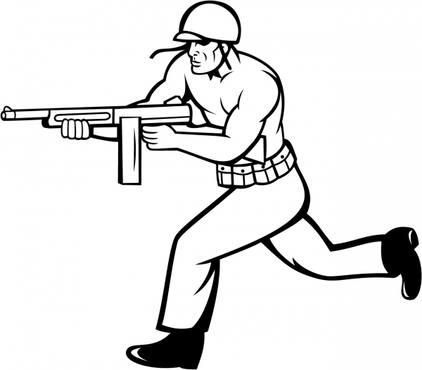 Soldier Running with Tommy Gun coloring page image