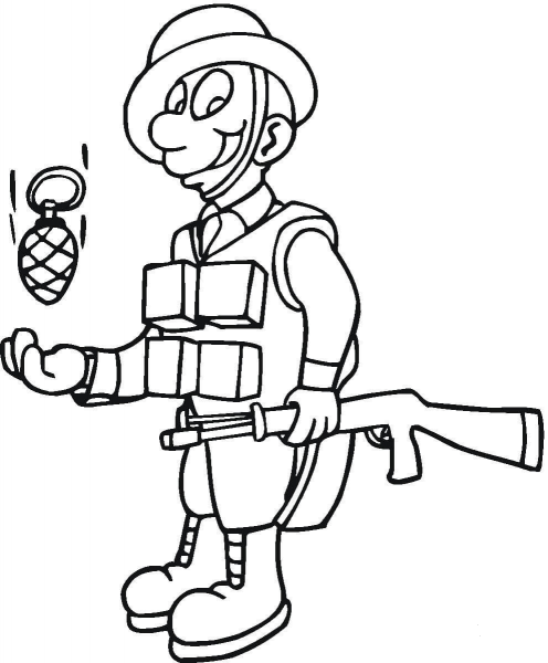 Soldier with Hand Grenade coloring page image