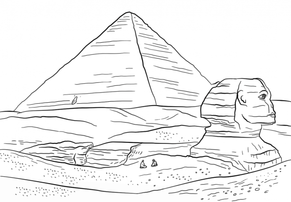 Sphinx and Great Pyramid of Giza coloring page image