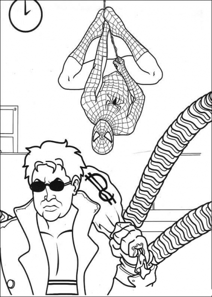 Spider-man behind Doctor Octopus coloring page image