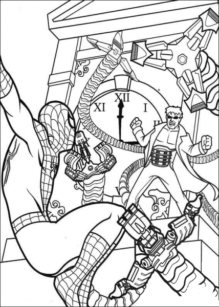Spider-man is fighting with Doctor Octopus coloring page image