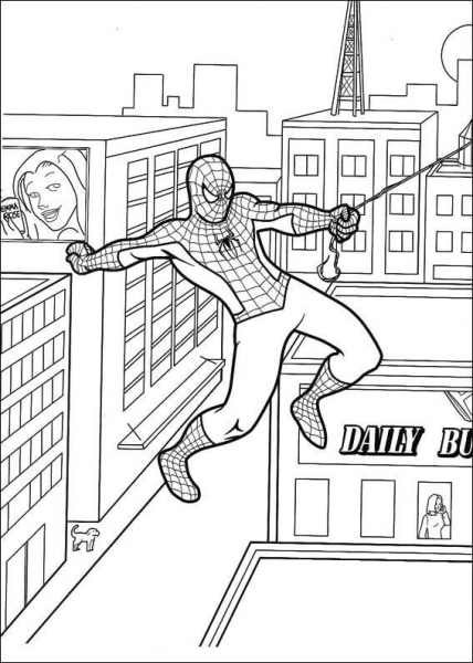 Spider-man is hanging with his web coloring page image