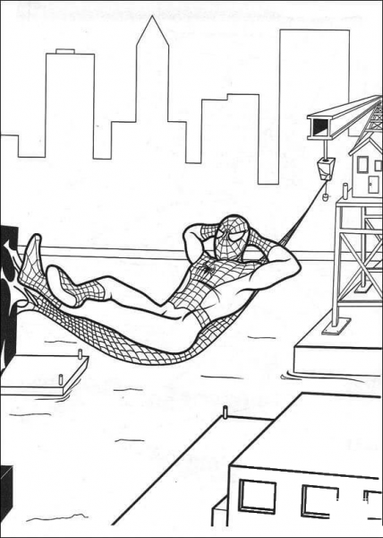 Spider-man is resting in the hammock coloring page image