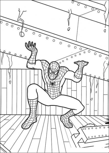 Spider-man lifts the steel plate coloring page image