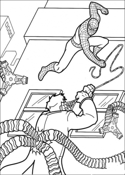 Spider-man shoots with web into the face of Doctor Octopus  coloring page image