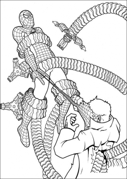 Spider-man trapped by Doctor Octopus coloring page image
