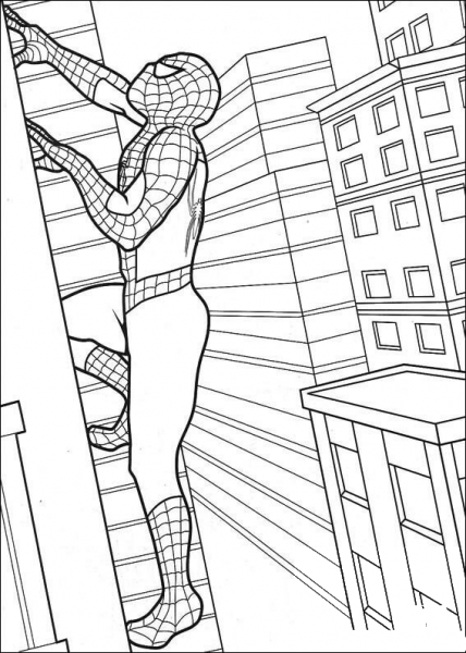 Spiderman Is climbing the building coloring page image