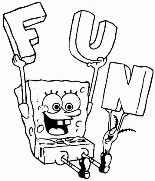 Sponge Bob with letter F, U, N. It’s FUN!  coloring page image