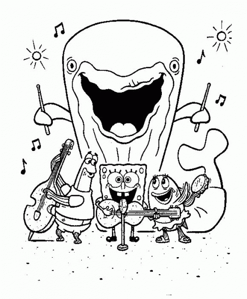Spongebob and his friends are singing and playing music instruments. A Whale behind them plays the drums. coloring page image