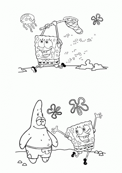 SpongeBob is catching a jellyfish  coloring page image
