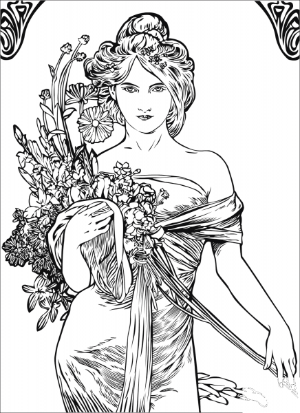Spring by Alfons Mucha coloring page image