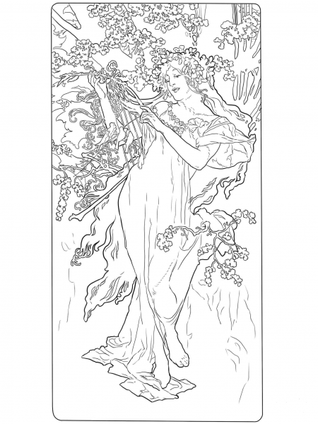 Spring by Alphonse Mucha coloring page image
