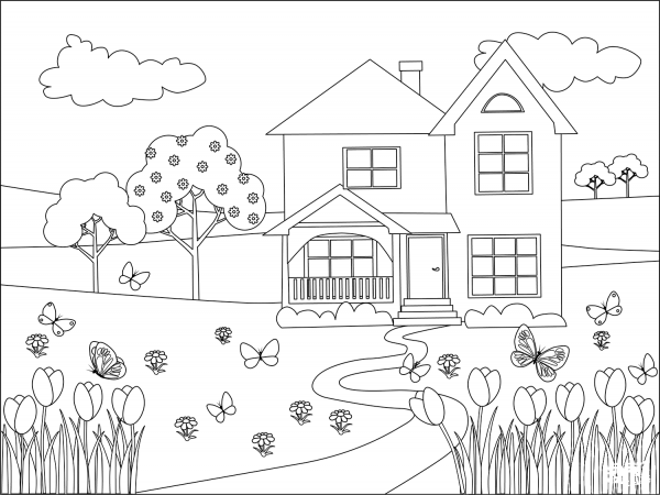 Spring, Flowers, Butterflies and Country House coloring page image