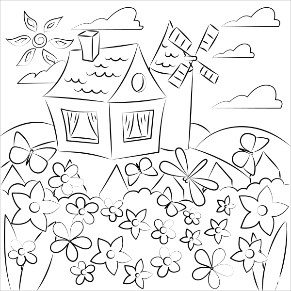 Spring Flowers Butterflies and Country House coloring page image