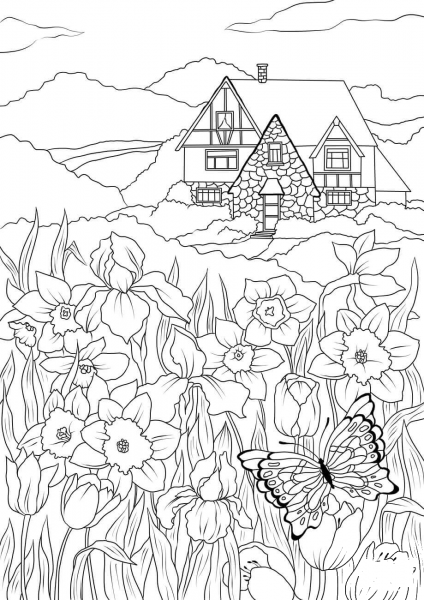 Spring, Flowers, Butterfly and Country House coloring page image