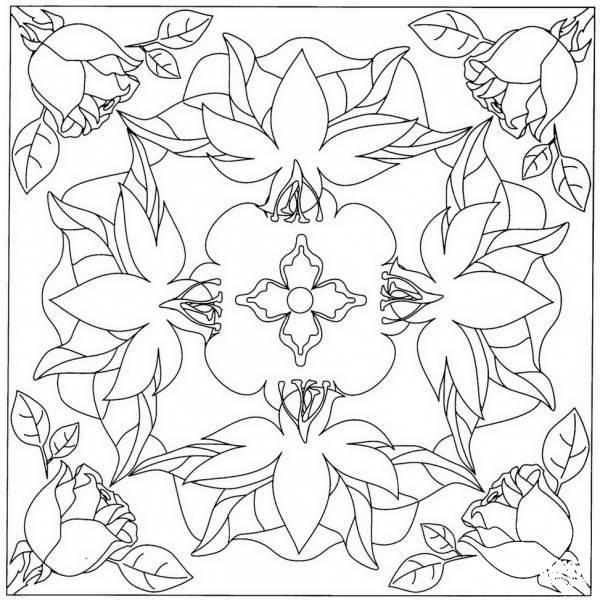 Square Mandala with Roses and Lilies coloring page image