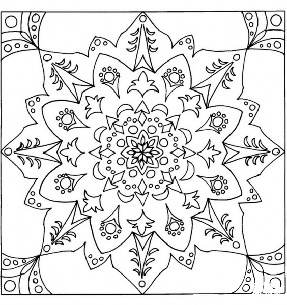 Square Mandala with Traditional Pattern coloring page image