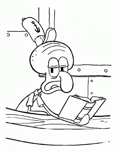 Squidward is reading Book  coloring page image
