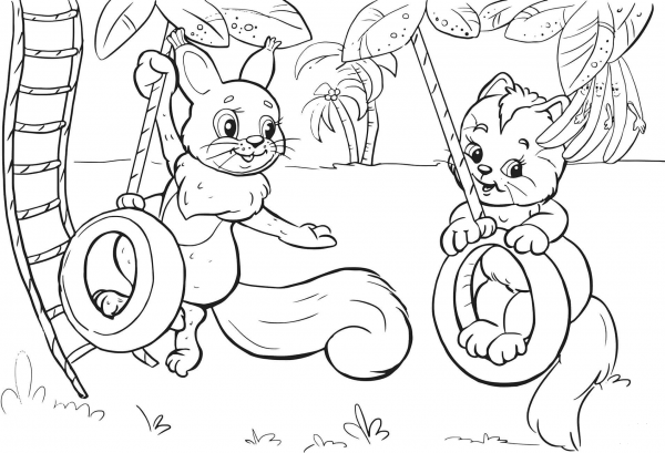 Squirrel and Cat Swinging on Tire Swing coloring page image