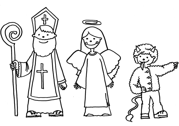 St. Nicholas, Angel, and Devil coloring page image