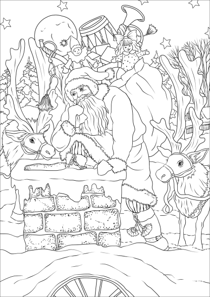 St. Nickolas coming down the Chimney  coloring page image