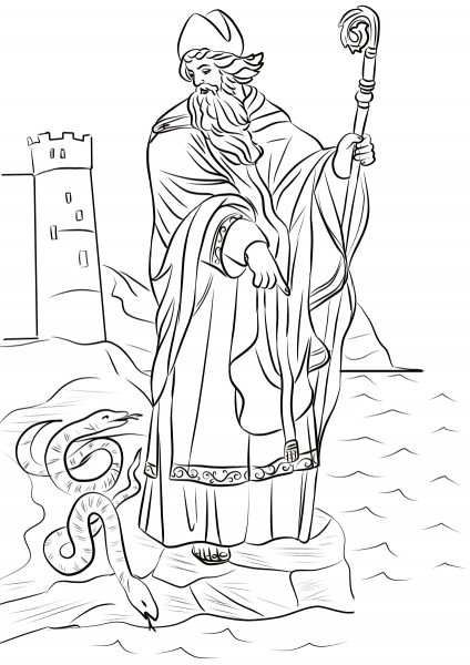 St. Patrick Driving Snakes out of Ireland coloring page image