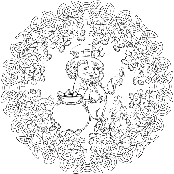 St. Patricks Day Mandala with Celrtic Knot, Shamrock, Leprechaun and Pot of Gold coloring page image