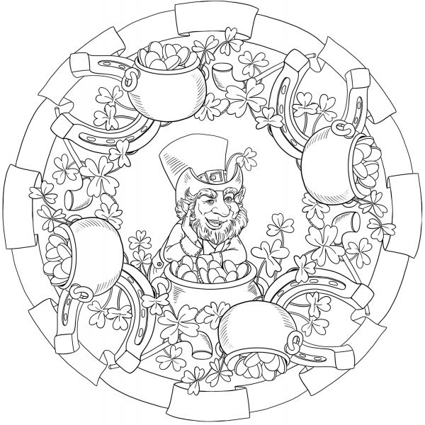 St. Patricks Day Mandala with Leprechaun and Pots of Gold coloring page image