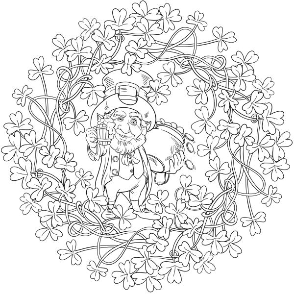 St. Patricks Day Mandala with Leprechaun Holding Glass of Beer and Pot of Gold coloring page image