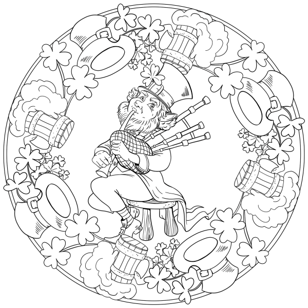 St. Patricks Day Mandala with Leprechaun Playing Bagpipes, Hats and Beer coloring page image