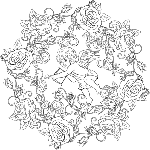 St. Valentine Mandala with Cupid coloring page image