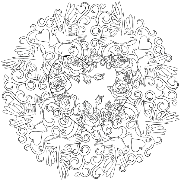 St. Valentine Mandala with Roses and Doves coloring page image