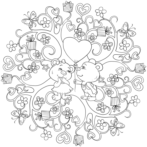St. Valentine Mandala with Two Cute Bears coloring page image
