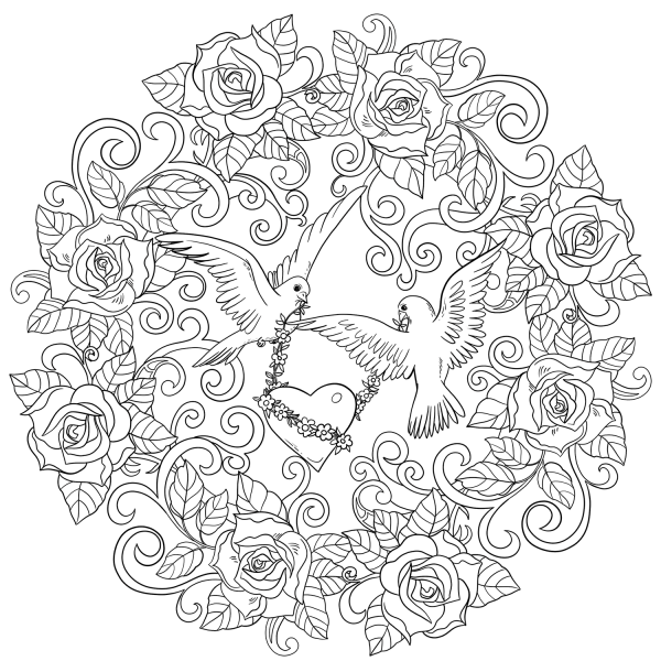 St. Valentine Mandala with Two Doves and Heart coloring page image