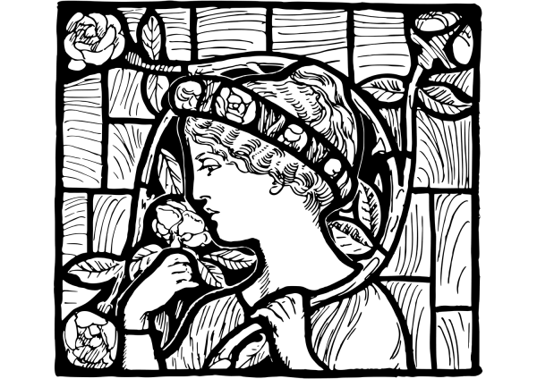 Stained Glass Window with Woman and Roses coloring page image